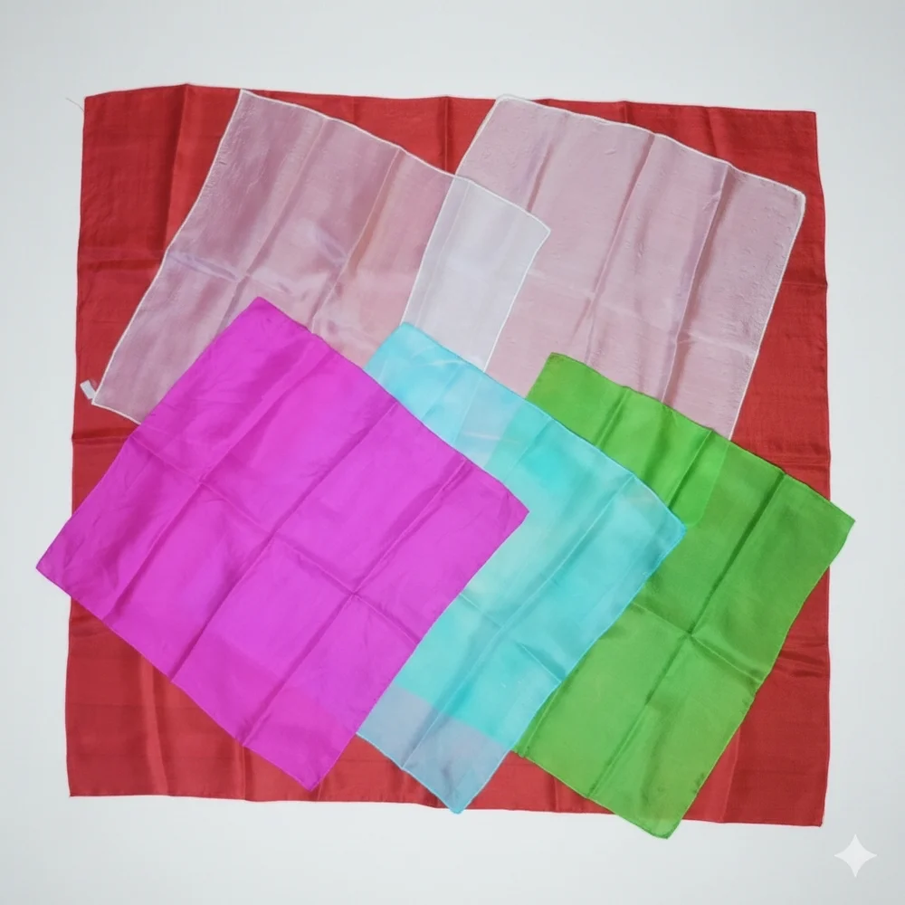 Silk 6 Pc. Handkerchief Lot Vintage Red White Green Blue Pink Japan Hand Rolled